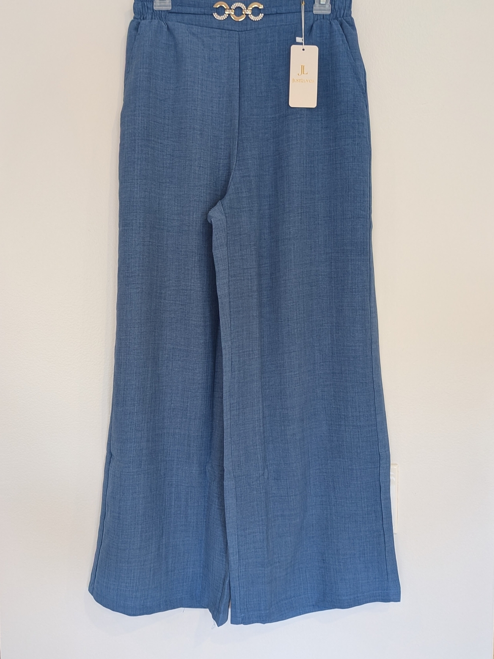 Women’s Blue Wide Leg Palazzo Pants L Fits M Lightweight Gold Rhinestone NWT - Picture 8 of 14